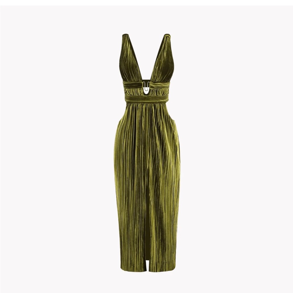GREEN PLEATED DEEP V DRESS